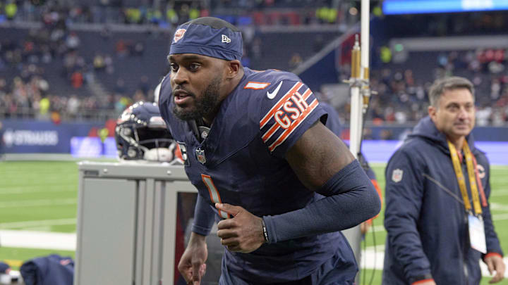 Oct 13, 2024; London, United Kingdom; Chicago Bears cornerback Jaylon Johnson (1) after an NFL International Series game at Tottenham Hotspur Stadium. Mandatory Credit: Peter van den Berg-Imagn Images