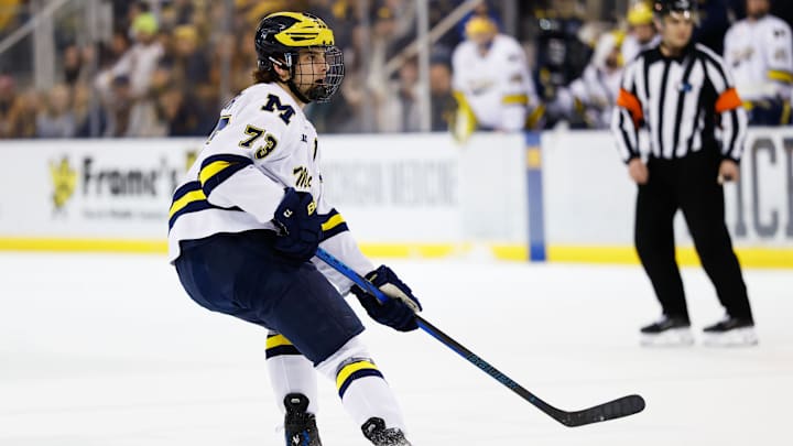 Mar 7, 2025; Ann Arbor, MI, USA; Michigan Wolverines defenseman Ethan Edwards (73) skates against Penn State during a Big Ten Tournament quarter final game at Yost Arena. Mandatory Credit: Rick Osentoski-Imagn Images Mar 7, 2025; Ann Arbor, MI, USA; Michigan Wolverines defenseman Ethan Edwards (73) skates against Penn State during a Big Ten Tournament quarter final game at Yost Arena. Mandatory Credit: Rick Osentoski-Imagn Images