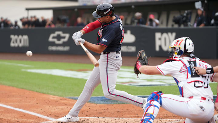 Atlanta Braves' Matt Olson at bat against the Cincinnati Reds during the MLB Speedway Classic baseball game at Bristol Motor Speedway on August 3, 2025, in Bristol, Tennessee.