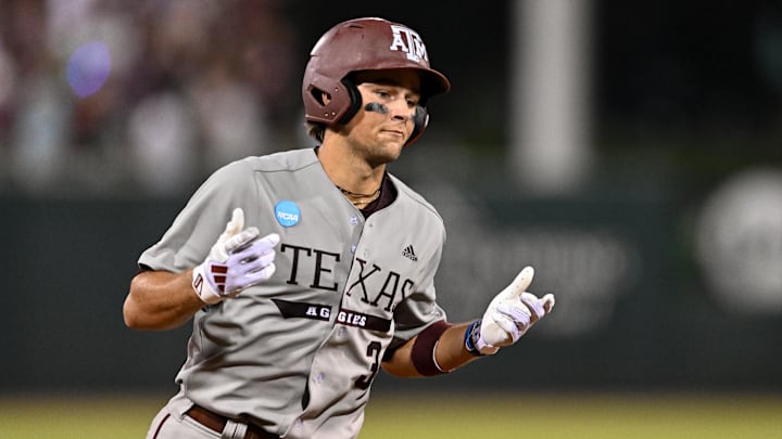 Jun 9, 2024; College Station, TX, USA; Texas A&M infielder Kaeden Kent (3) hits a grand slam in the top of the seventh inning against Oregon at Olsen Field, Blue Bell Park Mandatory Credit: Maria Lysaker-Imagn Images