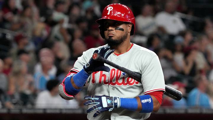 Sep 1, 2026; Phoenix, Arizona, USA; Philadelphia Phillies second baseman Luis Arraez (4) reacts after missing a pitch against the Arizona Diamondbacks in the first inning at Chase Field. Mandatory Credit: Rick Scuteri-Imagn Images Sep 1, 2026; Phoenix, Arizona, USA; Philadelphia Phillies second baseman Luis Arraez (4) reacts after missing a pitch against the Arizona Diamondbacks in the first inning at Chase Field. Mandatory Credit: Rick Scuteri-Imagn Images