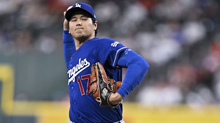 May 5, 2026; Houston, Texas, USA;  Los Angeles Dodgers starting pitcher Shohei Ohtani (17) delivers a pitch during the game against the Houston Astros at Daikin Park. Mandatory Credit: Maria Lysaker-Imagn Images 