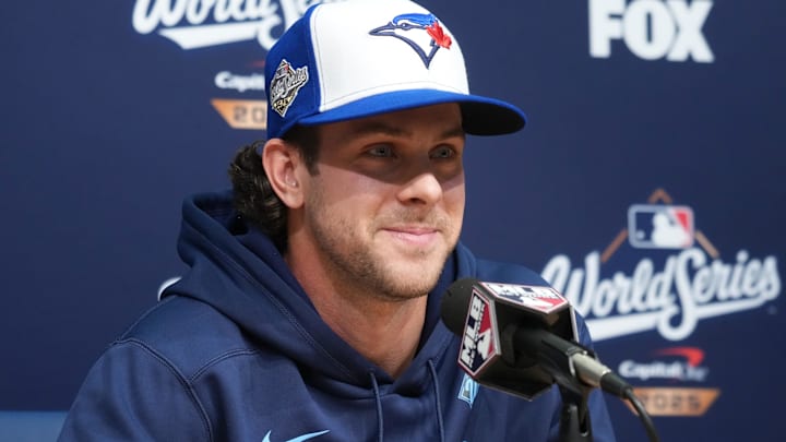 Oct 27, 2025; Los Angeles, California, USA; Toronto Blue Jays third baseman Ernie Clement (22) speaks in a press conference before game three of the 2025 MLB World Series against the Los Angeles Dodgers at Dodger Stadium. 