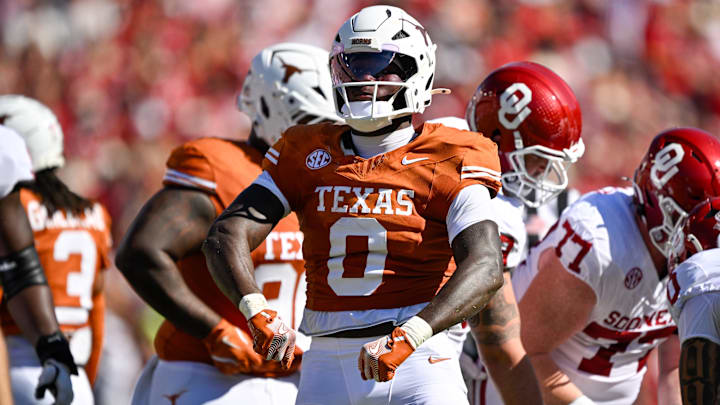 Oct 11, 2025; Dallas, Texas, USA; Texas Longhorns linebacker Anthony Hill Jr. (0) celebrates during the game between the Texas Longhorns and the Oklahoma Sooners at the Cotton Bowl. 