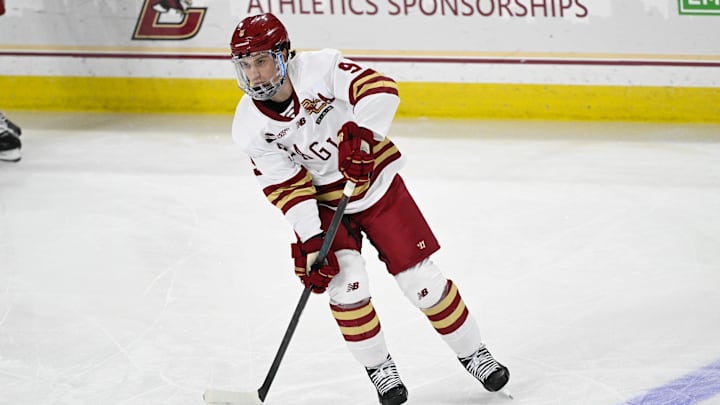 Feb 28, 2025; Chestnut Hill, MA, USA; Boston College forward Ryan Leonard (9) warms up before a game against the University of New Hampshire Wildcats at Conte Forum. Mandatory Credit: Eric Canha-Imagn Images