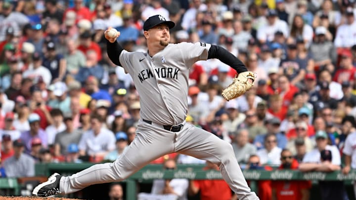 Jun 15, 2025; Boston, Massachusetts, USA; New York Yankees relief pitcher Mark Leiter Jr. (56) pitches against the Boston Red Sox during the eighth inning at Fenway Park. Mandatory Credit: Eric Canha-Imagn Images
