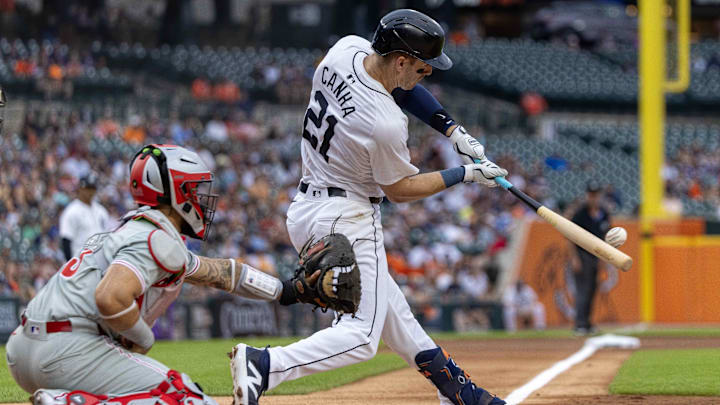 Jun 25, 2024; Detroit, Michigan, USA; Detroit Tigers outfielder Mark Canha (21) swings in the first inning against the Philadelphia Phillies at Comerica Park. Jun 25, 2024; Detroit, Michigan, USA; Detroit Tigers outfielder Mark Canha (21) swings in the first inning against the Philadelphia Phillies at Comerica Park.