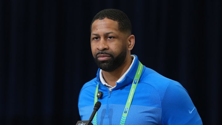 Feb 24, 2026; Indianapolis, IN, USA; Cleveland Browns general manager Andrew Berry speaks at the NFL Scouting Combine at the Indiana Convention Center. Mandatory Credit: Kirby Lee-Imagn Images