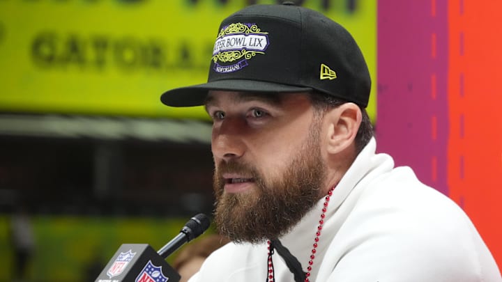 Feb 3, 2025; New Orleans, LA, USA; Kansas City Chiefs tight end Travis Kelce (87) during Super Bowl LIX Opening Night at Ceasars Superdome. Mandatory Credit: Kirby Lee-Imagn Images Feb 3, 2025; New Orleans, LA, USA; Kansas City Chiefs tight end Travis Kelce (87) during Super Bowl LIX Opening Night at Ceasars Superdome. Mandatory Credit: Kirby Lee-Imagn Images