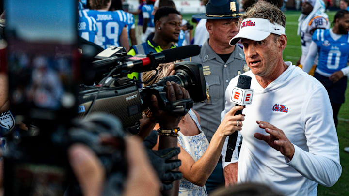 Ole Miss head coach Lane Kiffin takes questions from ESPN after a college football game between Ole Miss and LSU at Vaught-Hemingway Stadium in Oxford, Miss., on Saturday, Sept. 27, 2025. Ole Miss defeated LSU 24-19. Ole Miss head coach Lane Kiffin takes questions from ESPN after a college football game between Ole Miss and LSU at Vaught-Hemingway Stadium in Oxford, Miss., on Saturday, Sept. 27, 2025. Ole Miss defeated LSU 24-19.