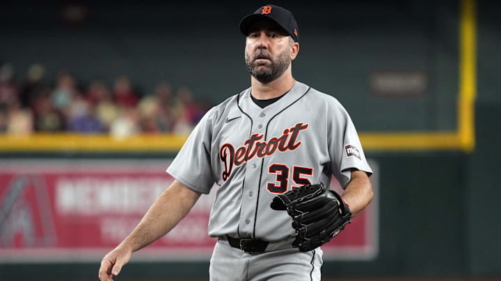 Mar 30, 2026: Detroit Tigers pitcher Justin Verlander (35) throws against the Arizona Diamondbacks in the first inning at Chase Field. Mar 30, 2026: Detroit Tigers pitcher Justin Verlander (35) throws against the Arizona Diamondbacks in the first inning at Chase Field.