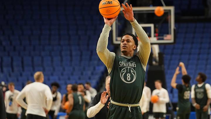 Mar 18, 2026; Buffalo, NY, USA; Michigan State Spartans forward Kaleb Glenn (8) shoots the ball during a practice session ahead of the first round of the men's 2026 NCAA Tournament at Keybank Center. Mandatory Credit: Gregory Fisher-Imagn Images Mar 18, 2026; Buffalo, NY, USA; Michigan State Spartans forward Kaleb Glenn (8) shoots the ball during a practice session ahead of the first round of the men's 2026 NCAA Tournament at Keybank Center. Mandatory Credit: Gregory Fisher-Imagn Images