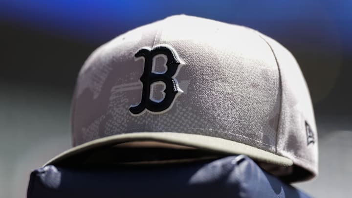 May 26, 2025; Milwaukee, Wisconsin, USA;  General view of a Boston Red Sox hat during warmups prior the game against the Milwaukee Brewers at American Family Field. Mandatory Credit: Jeff Hanisch-Imagn Images