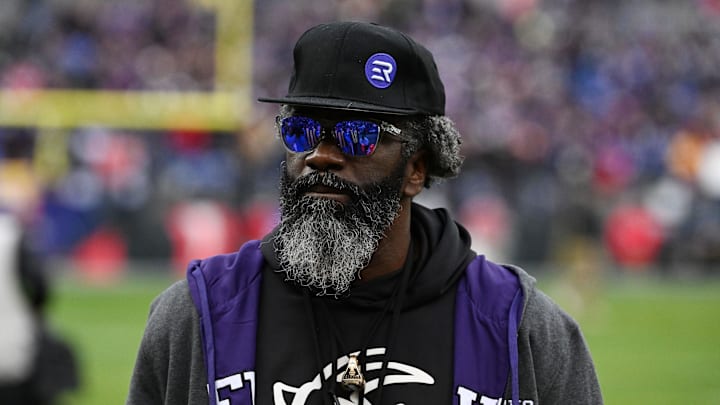 Jan 28, 2024; Baltimore, Maryland, USA; Former Baltimore Ravens safety Ed Reed looks on from the sidelines prior to the Ravens' game against the Kansas City Chiefs in the AFC Championship football game at M&T Bank Stadium. Mandatory Credit: Tommy Gilligan-Imagn Images