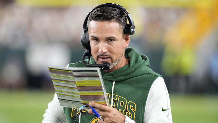 Sep 11, 2025; Green Bay, Wisconsin, USA; Green Bay Packers head coach Matt LaFleur looks on in the first quarter against the Washington Commanders at Lambeau Field.