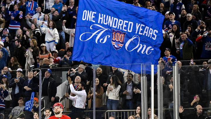 Nov 16, 2025; New York, New York, USA; General view of a flag being waved by New York Rangers staff during the second period against the Detroit Red Wings at Madison Square Garden. Nov 16, 2025; New York, New York, USA; General view of a flag being waved by New York Rangers staff during the second period against the Detroit Red Wings at Madison Square Garden.
