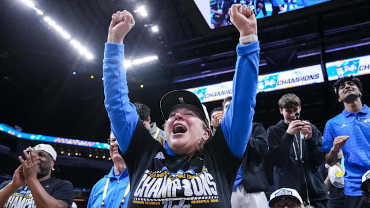 UCLA Bruins head coach Cori Close yells in excitement Sunday, March 8, 2026, after the Big Ten Tournament Championship game at Gainbridge Fieldhouse in Indianapolis. UCLA Bruins defeat the Iowa Hawkeyes, 96-45, for back to back Big Ten championships. UCLA Bruins head coach Cori Close yells in excitement Sunday, March 8, 2026, after the Big Ten Tournament Championship game at Gainbridge Fieldhouse in Indianapolis. UCLA Bruins defeat the Iowa Hawkeyes, 96-45, for back to back Big Ten championships.
