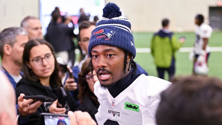 Jun 10, 2025; Foxborough, MA, USA; New England Patriots wide receiver Stefon Diggs (8) speaks to the media after minicamp held in the WIN Field House at Gillette Stadium. Mandatory Credit: Eric Canha-Imagn Images