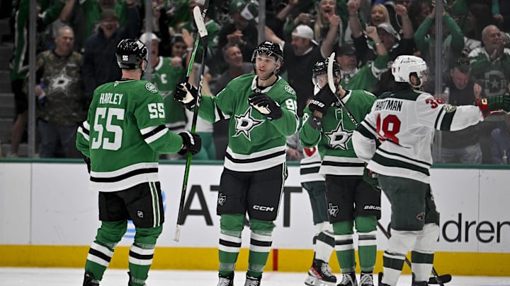 Apr 9, 2026; Dallas, Texas, USA; Dallas Stars right wing Mikko Rantanen (96) and center Wyatt Johnston (53) and defenseman Thomas Harley (55) celebrates a goal scored by Rantanen during the game between the Stars and the Wild at American Airlines Center. Mandatory Credit: Jerome Miron-Imagn Images