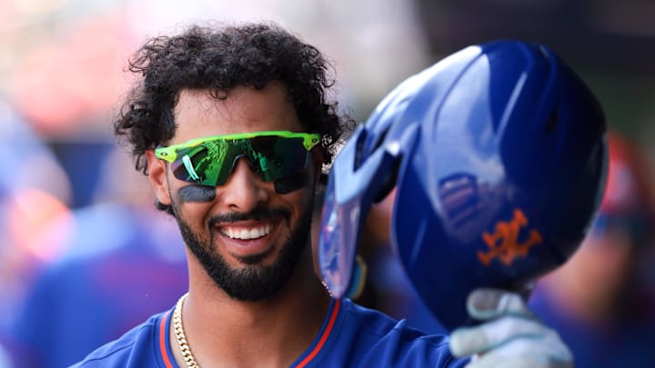 Feb 27, 2026; Jupiter, Florida, USA; New York Mets designated hitter MJ Melendez (1) celebrates after hitting a three-run home run against the St. Louis Cardinals during the fifth inning at Roger Dean Chevrolet Stadium. Mandatory Credit: Sam Navarro-Imagn Images