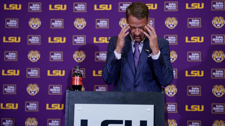 Dec 1, 2025; Baton Rouge, LA, USA; LSU new head coach Lane Kiffin speaks at South Stadium Club at Tiger Stadium. Mandatory Credit: Matthew Hinton-Imagn Images