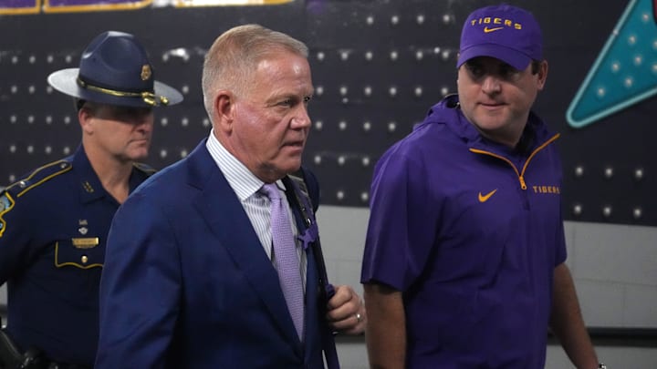 Sep 1, 2024; Paradise, Nevada, USA; LSU Tigers coach Brian Kelly arrives before the game against the Southern California Trojans  at Allegiant Stadium. Mandatory Credit: Kirby Lee-USA TODAY Sports