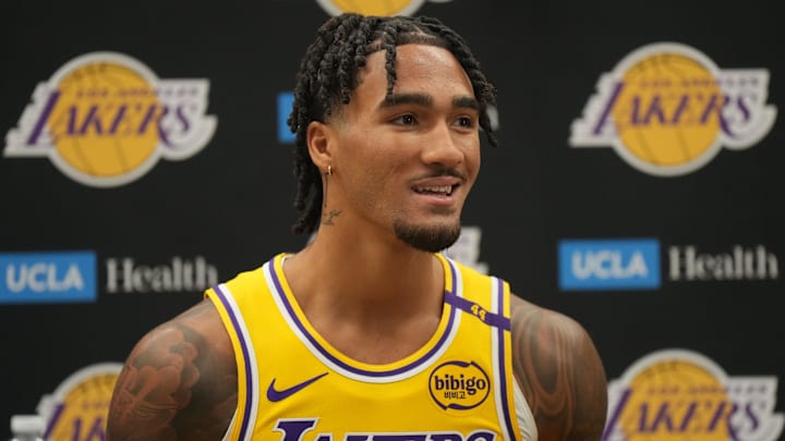 Sep 30, 2024; El Segundo, CA, USA; Los Angeles Lakers  guard Jalen Hood-Schifino (0) during media day at the UCLA Health Training Center. Mandatory Credit: Kirby Lee-Imagn Images