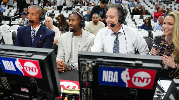 May 1, 2024; Los Angeles, California, USA; From left: TNT analysts Reggie Miller and Jamal Crawford, play-by-play announcer Kevin Harland and reporter Allie LaForce during game five of the first round for the 2024 NBA playoffs at Crypto.com Arena. Mandatory Credit: Kirby Lee-USA TODAY Sports May 1, 2024; Los Angeles, California, USA; From left: TNT analysts Reggie Miller and Jamal Crawford, play-by-play announcer Kevin Harland and reporter Allie LaForce during game five of the first round for the 2024 NBA playoffs at Crypto.com Arena. Mandatory Credit: Kirby Lee-USA TODAY Sports