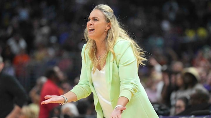 Jul 5, 2024; Los Angeles, California, USA; Las Vegas Aces coach Becky Hammon reacts against the LA Sparks in the second half at Crypto.com Arena. Mandatory Credit: Kirby Lee-Imagn Images