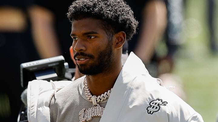 Apr 19, 2025; Boulder, CO, USA; Colorado Buffaloes former player Shedeur Sanders before the spring game at Folsom Field. Mandatory Credit: Isaiah J. Downing-Imagn Images