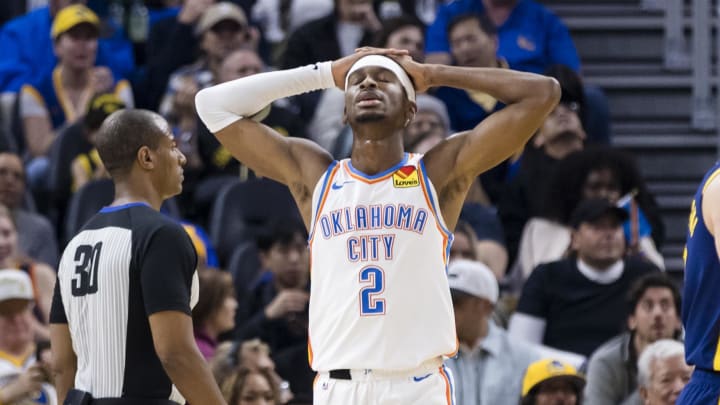 Nov 18, 2023; San Francisco, California, USA; Oklahoma City Thunder guard Shai Gilgeous-Alexander (2) reacts after fouling a Golden State Warriors    player during the first half at Chase Center. Mandatory Credit: John Hefti-USA TODAY Sports