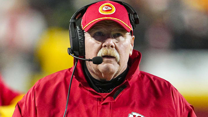 Dec 8, 2024; Kansas City, Missouri, USA; Kansas City Chiefs head coach Andy Reid looks on during the second half against the Los Angeles Chargers at GEHA Field at Arrowhead Stadium. Mandatory Credit: Jay Biggerstaff-Imagn Images