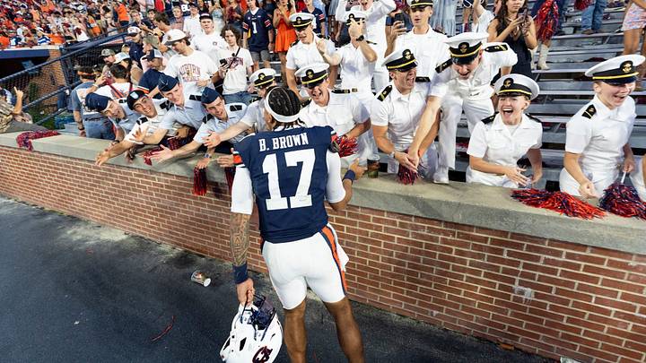 Auburn Tigers quarterback Byrum Brown (17) celebrates with fans after the game as Auburn Tigers take on Vanderbilt Commodores at Jordan-Hare Stadium in Auburn, Ala. on Saturday, Sept. 26, 2026. Auburn Tigers defeated Vanderbilt Commodores 21-15. Auburn Tigers quarterback Byrum Brown (17) celebrates with fans after the game as Auburn Tigers take on Vanderbilt Commodores at Jordan-Hare Stadium in Auburn, Ala. on Saturday, Sept. 26, 2026. Auburn Tigers defeated Vanderbilt Commodores 21-15.