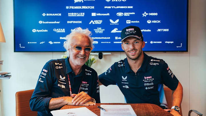 Flavio Briatore and Pierre Gasly, Alpine, as French driver signs a new contract with the team to continue until the end of the 2028 Formula 1 championship season. Flavio Briatore and Pierre Gasly, Alpine, as French driver signs a new contract with the team to continue until the end of the 2028 Formula 1 championship season.