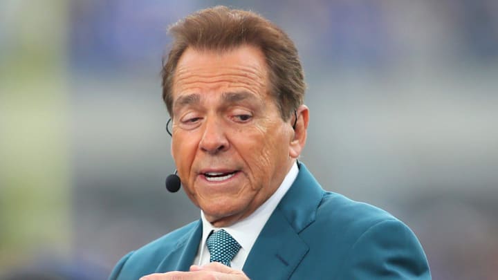ESPN analyst and retired Alabama head coach Nick Saban broadcasts live from the sidelines of Acrisure Stadium in Pittsburgh, PA prior to the start of the Pittsburgh Panthers vs Notre Dame Fighting Irish game on November 15, 2025.