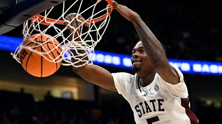 Mississippi State guard Shawn Jones Jr. (5) dunks the ball against LSU during a NCAA college basketball first round game at the men’s Southeastern Conference Tournament Wednesday, March 12, 2025, in Nashville, Tenn.