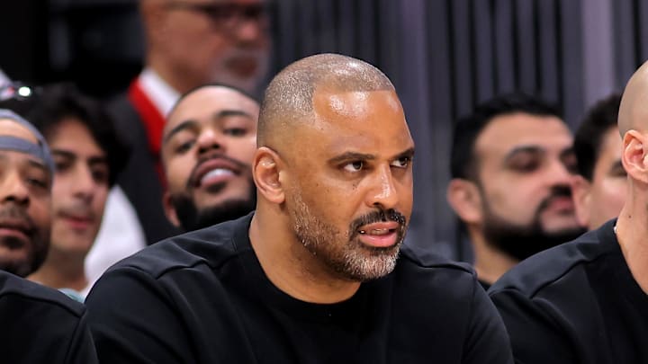 Apr 9, 2026; Houston, Texas, USA; Houston Rockets head coach Ime Udoka on the bench during the first quarter against the Philadelphia 76ers at Toyota Center. Mandatory Credit: Erik Williams-Imagn Images
