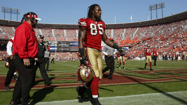 Nov. 16, 2008; San Francisco, CA, USA; San Francisco 49ers tight end Vernon Davis (85) heads to the locker room before the start of the game against the St. Louis Rams at Candlestick Park in San Francisco, CA. Mandatory Credit: Cary Edmondson-USA TODAY Sports
