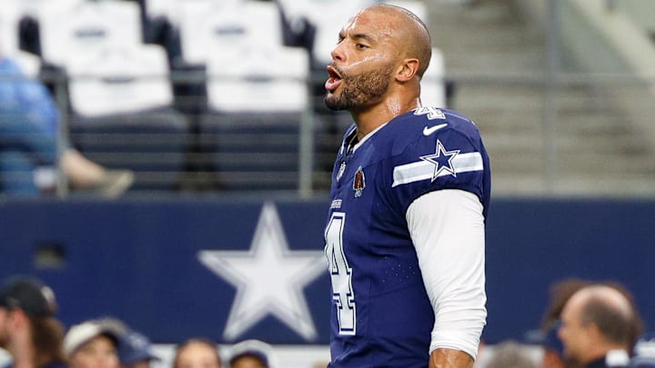 Dallas Cowboys quarterback Dak Prescott (4) warms up prior to the game against the Detroit Lions.