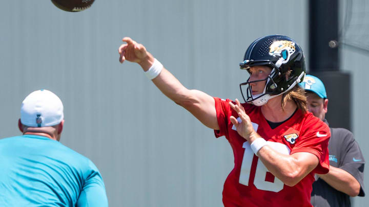 Jacksonville Jaguars quarterback Trevor Lawrence (16) makes a pass during the fourth organized team activity at the Miller Electric Center in Jacksonville, Fla. Tuesday, May 27, 2025. 