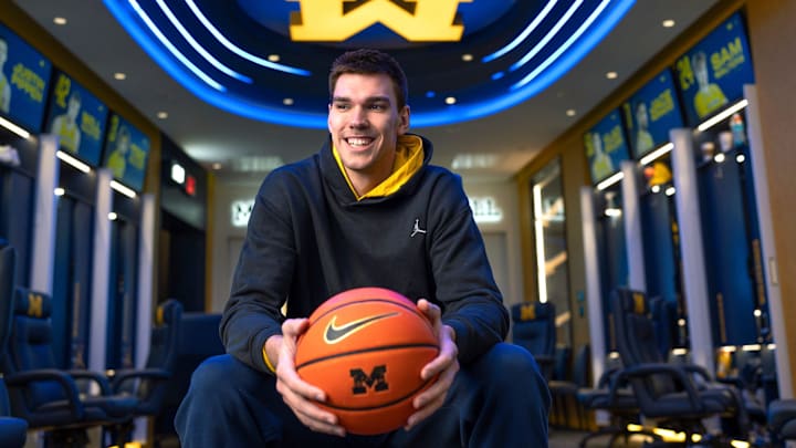 University of Michigan basketball center Vlad Goldin poses for a photo in the practice gym at the Player Development Center near Crisler Center on the University of Michigan campus in Ann Arbor on Thursday, January 23, 2025.