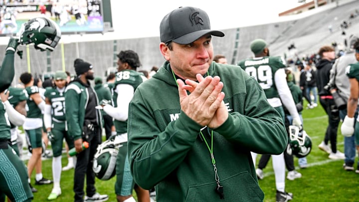 Michigan State's head coach Jonathan Smith leaves the file after the Spring Showcase on Saturday, April 20, 2024, at Spartan Stadium in East Lansing.