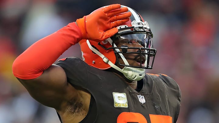 Cleveland Browns defensive end Myles Garrett celebrates after sacking Tampa Bay Buccaneers quarterback Tom Brady during the second half at FirstEnergy Stadium, Sunday, Nov. 27, 2022, in Cleveland.