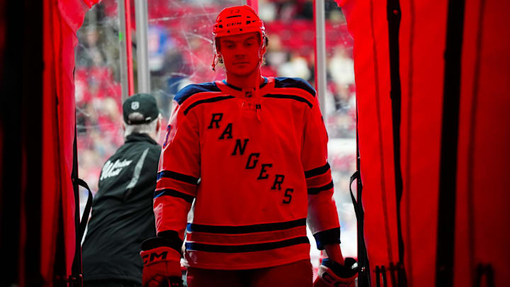 Apr 12, 2025; Raleigh, North Carolina, USA; New York Rangers center Matt Rempe (73) comes off the ice after warmups before the game against the Carolina Hurricanes at Lenovo Center. Mandatory Credit: James Guillory-Imagn Images Apr 12, 2025; Raleigh, North Carolina, USA; New York Rangers center Matt Rempe (73) comes off the ice after warmups before the game against the Carolina Hurricanes at Lenovo Center. Mandatory Credit: James Guillory-Imagn Images