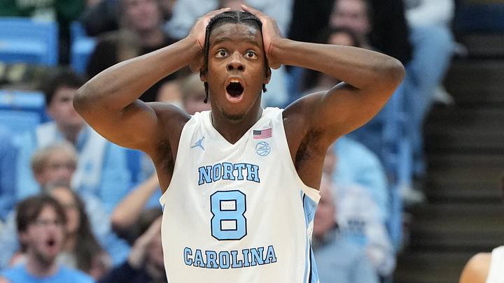 Jan 21, 2026; Chapel Hill, North Carolina, USA; North Carolina Tar Heels forward Caleb Wilson (8) reacts in the second half at Dean E. Smith Center. Mandatory Credit: Bob Donnan-Imagn Images