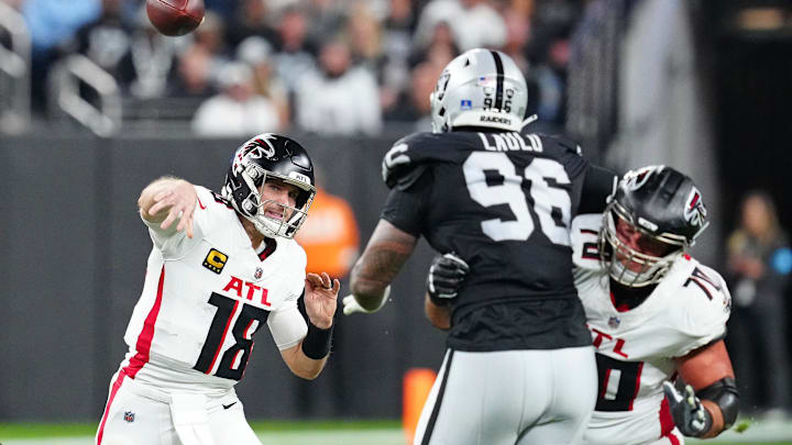 Atlanta Falcons quarterback Kirk Cousins threw for a season-low 112 yards Monday night against the Las Vegas Raiders. Atlanta Falcons quarterback Kirk Cousins threw for a season-low 112 yards Monday night against the Las Vegas Raiders.