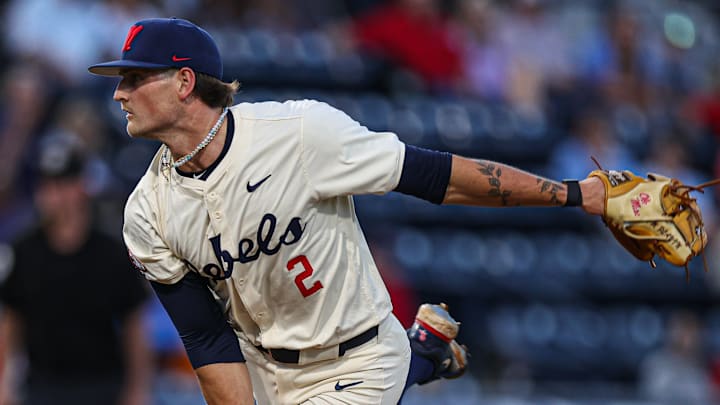 Ole Miss Rebels RHP Riley Maddox on Friday night against the Texas A&M Aggies. Ole Miss Rebels RHP Riley Maddox on Friday night against the Texas A&M Aggies.