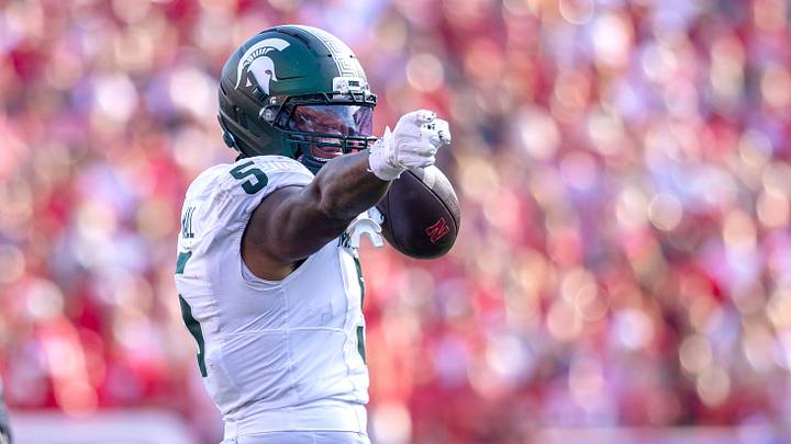 Oct 4, 2025; Lincoln, Nebraska, USA; Michigan State Spartans linebacker Jordan Hall (5) celebrates after an interception during the game against Nebraska at Memorial Stadium. Mandatory Credit: Kylie Graham-Imagn Images