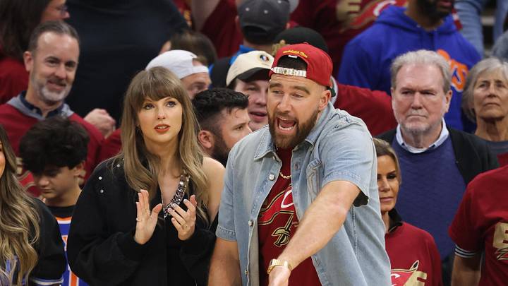 Taylor Swift and Travis Kelce react during game three of the eastern conference finals for the 2026 NBA playoffs between the New York Knicks and Cleveland Cavaliers at Rocket Arena. Taylor Swift and Travis Kelce react during game three of the eastern conference finals for the 2026 NBA playoffs between the New York Knicks and Cleveland Cavaliers at Rocket Arena.