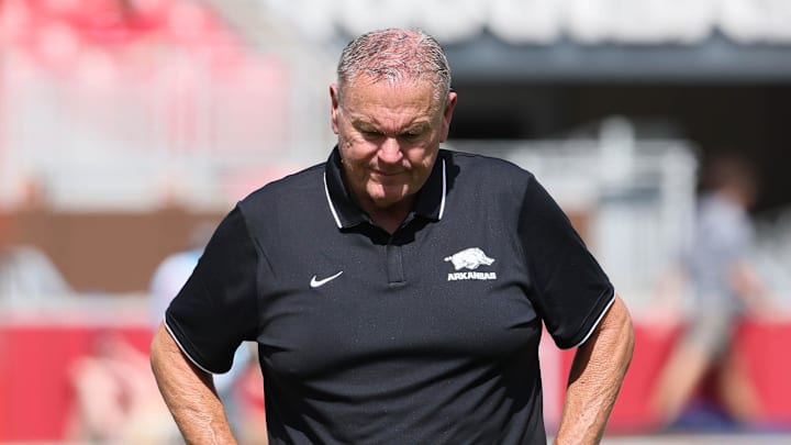 Sep 27, 2025; Fayetteville, Arkansas, USA; Arkansas Razorbacks head coach Sam Pittman during the fourth quarter against the Notre Dame Fighting Irish at Donald W. Reynolds Razorback Stadium. Notre Dame won 56-13. Mandatory Credit: Nelson Chenault-Imagn Images